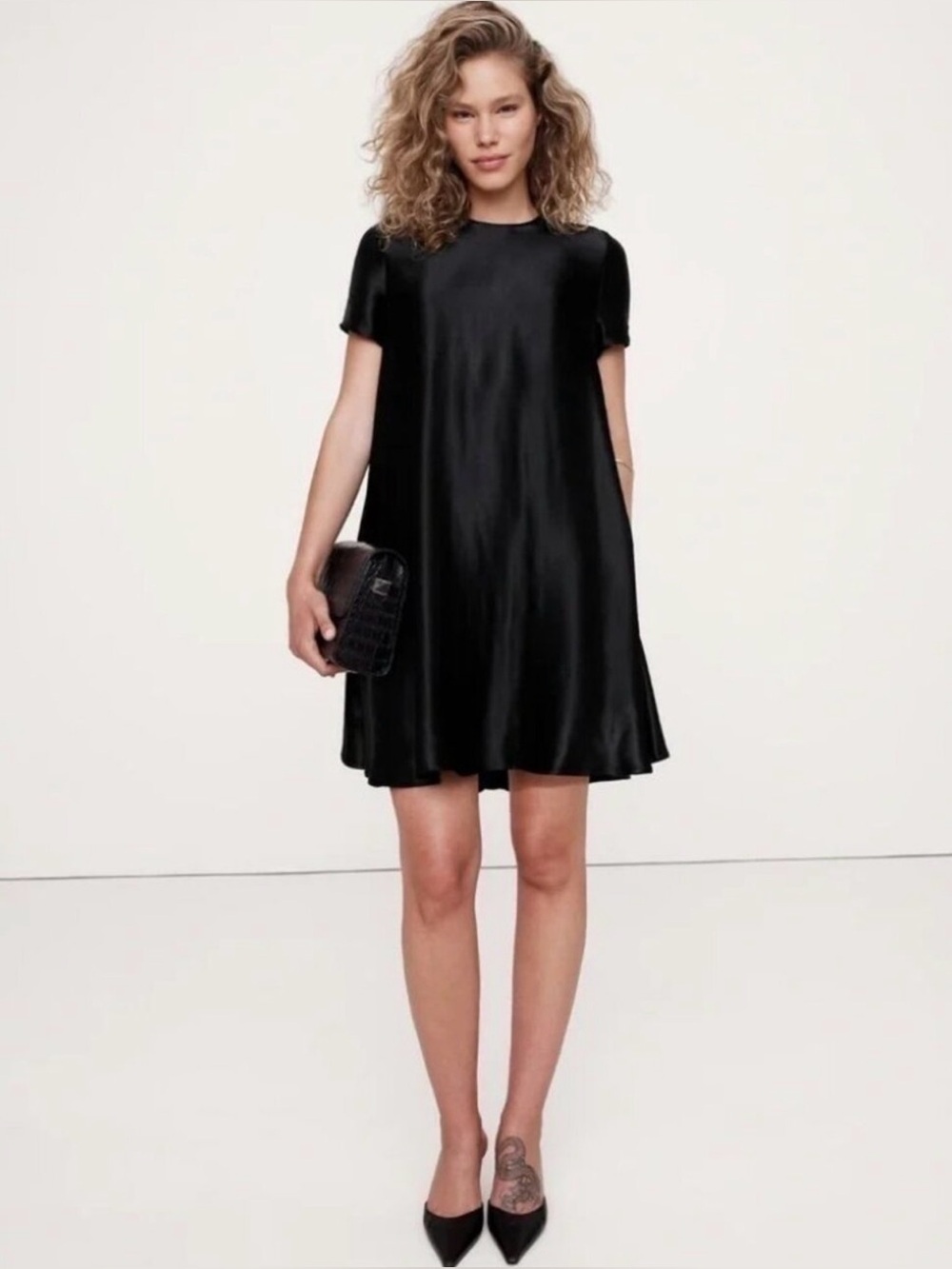 Banana Republic Black Short Sleeve Satin Swing Dress